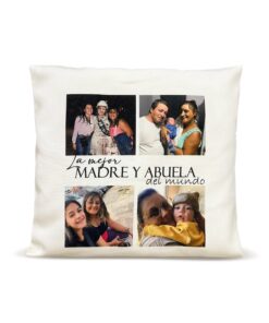 almohadón crema con un collage de fotos familiares y frase central "La mejor madre y abuela del mundo.