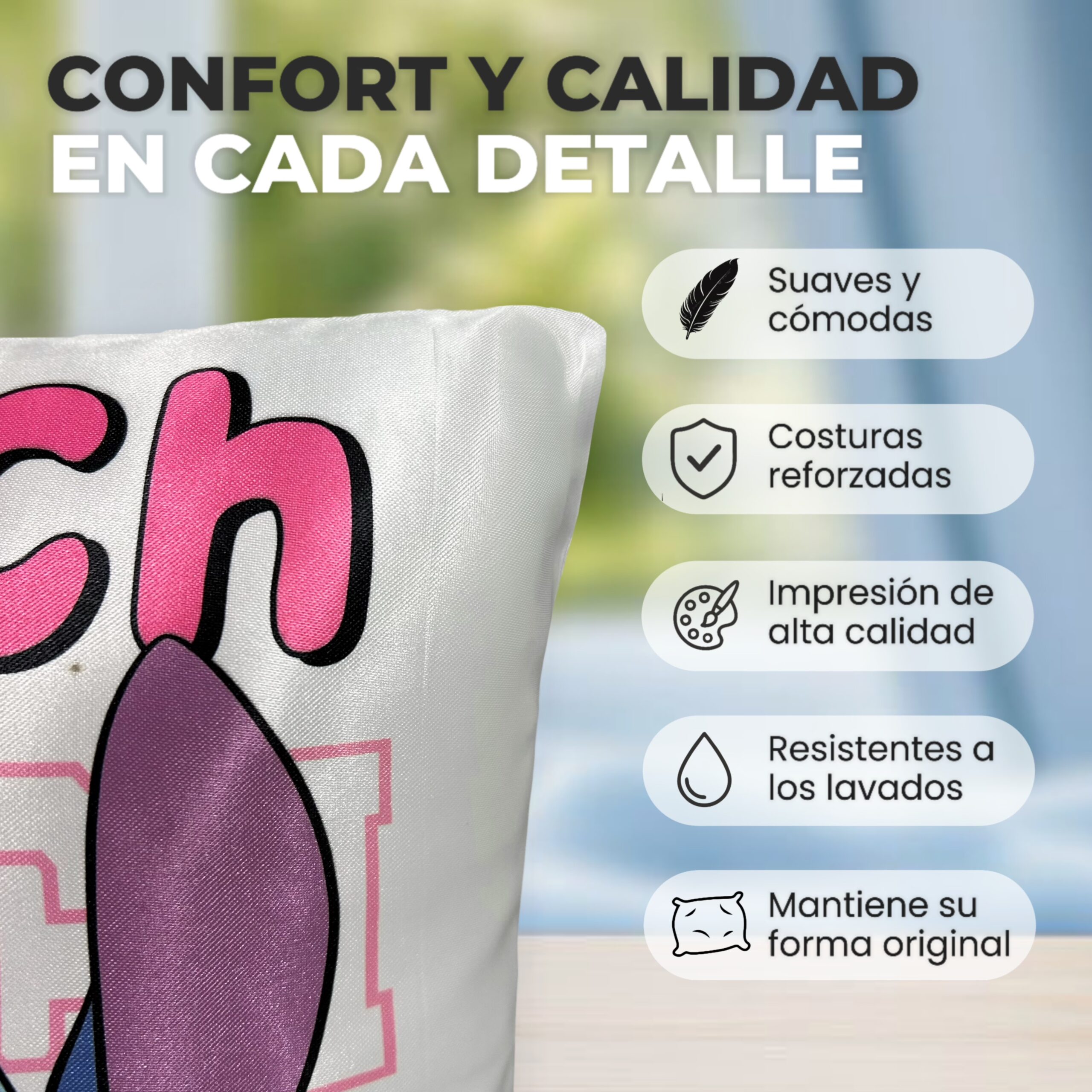 Infografía detallada sobre un borde de un almohadón de stitch que destaca características como suavidad, costuras reforzadas e impresión resistente a los lavados.