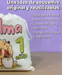 Detalle de bolsita de tela reutilizable con lista de características como colores nítidos e impresión lavable y resistente.