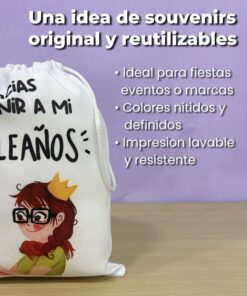Detalle de bolsita de tela reutilizable con lista de características como colores nítidos e impresión lavable y resistente.