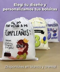 Tres bolsitas de tela en fila mostrando opciones en colores blanco y crema con el texto Elegí tu diseño y personalizamos tus bolsitas.