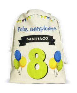 Bolsita golosinera con cordón personalizada para cumpleaños con globos, el nombre Santiago y el número 8.