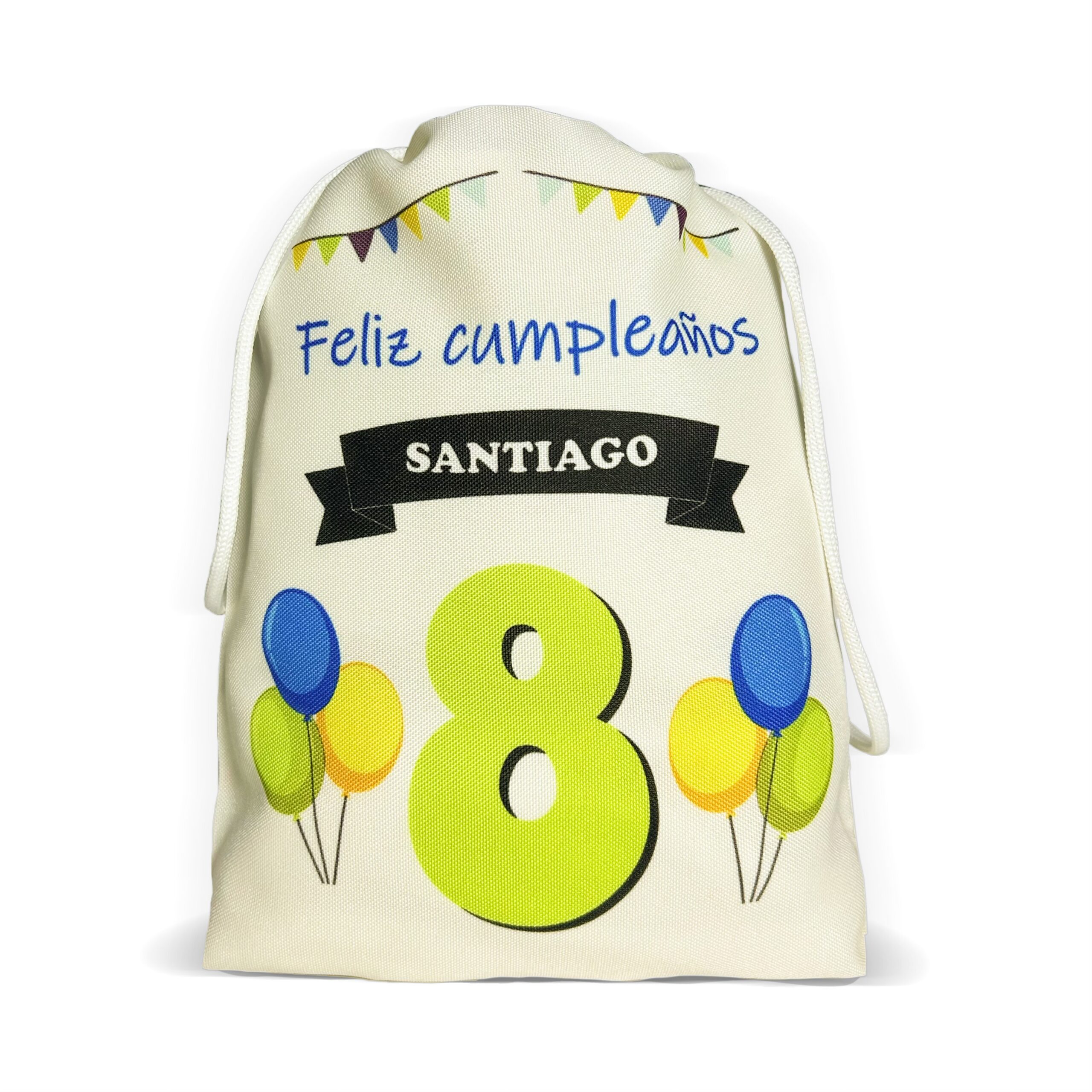 Bolsita golosinera con cordón personalizada para cumpleaños con globos, el nombre Santiago y el número 8.