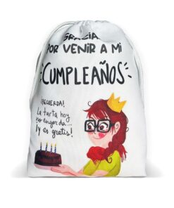 Bolsa de tela personalizada con la frase Gracias por venir a mi cumpleaños y mensaje sobre la tarta con ilustración de chica sosteniendo pastel.