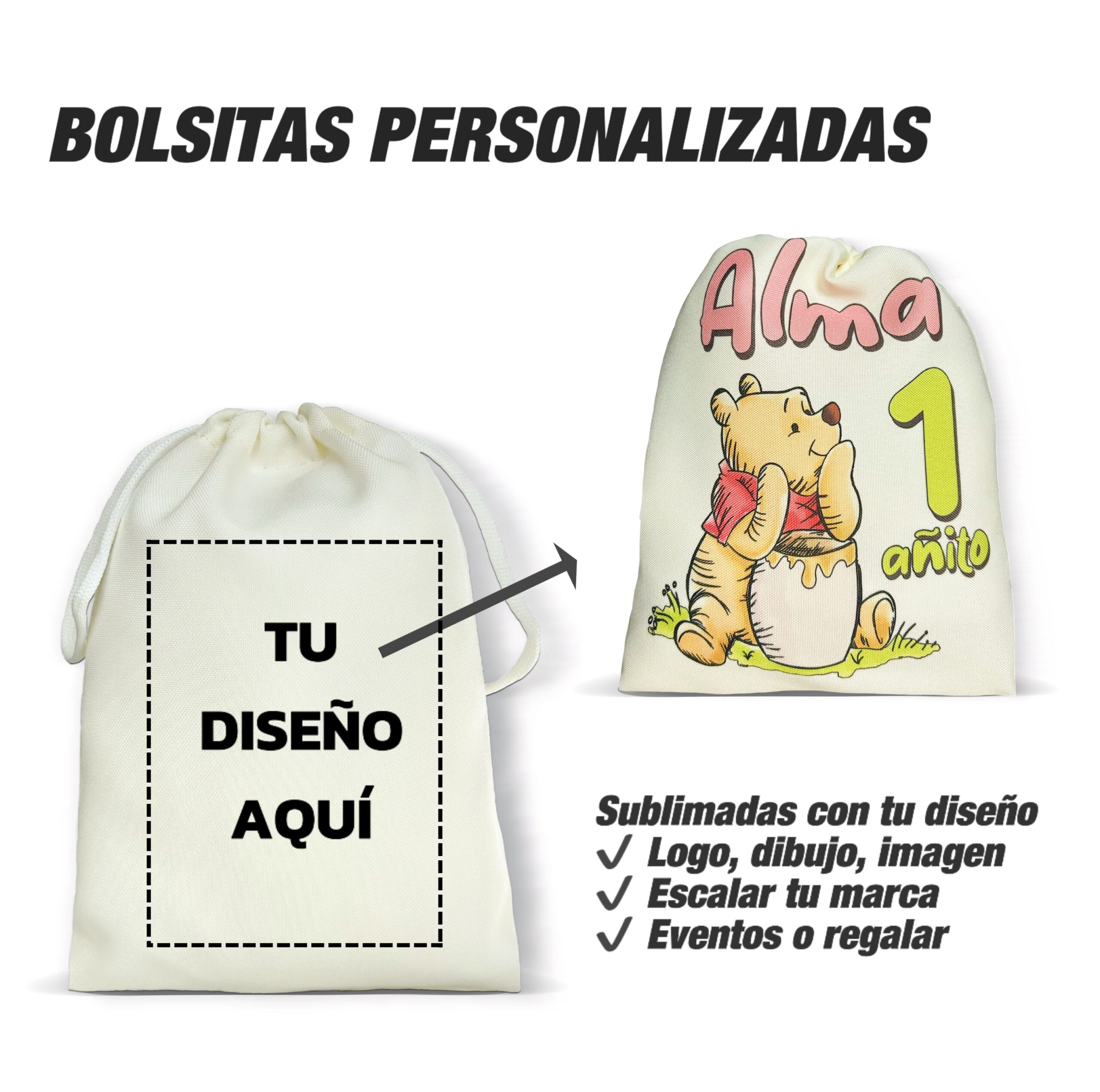 Infografía de bolsita de tela lisa para personalizar junto al resultado final sublimado con dibujo de Winnie Pooh.
